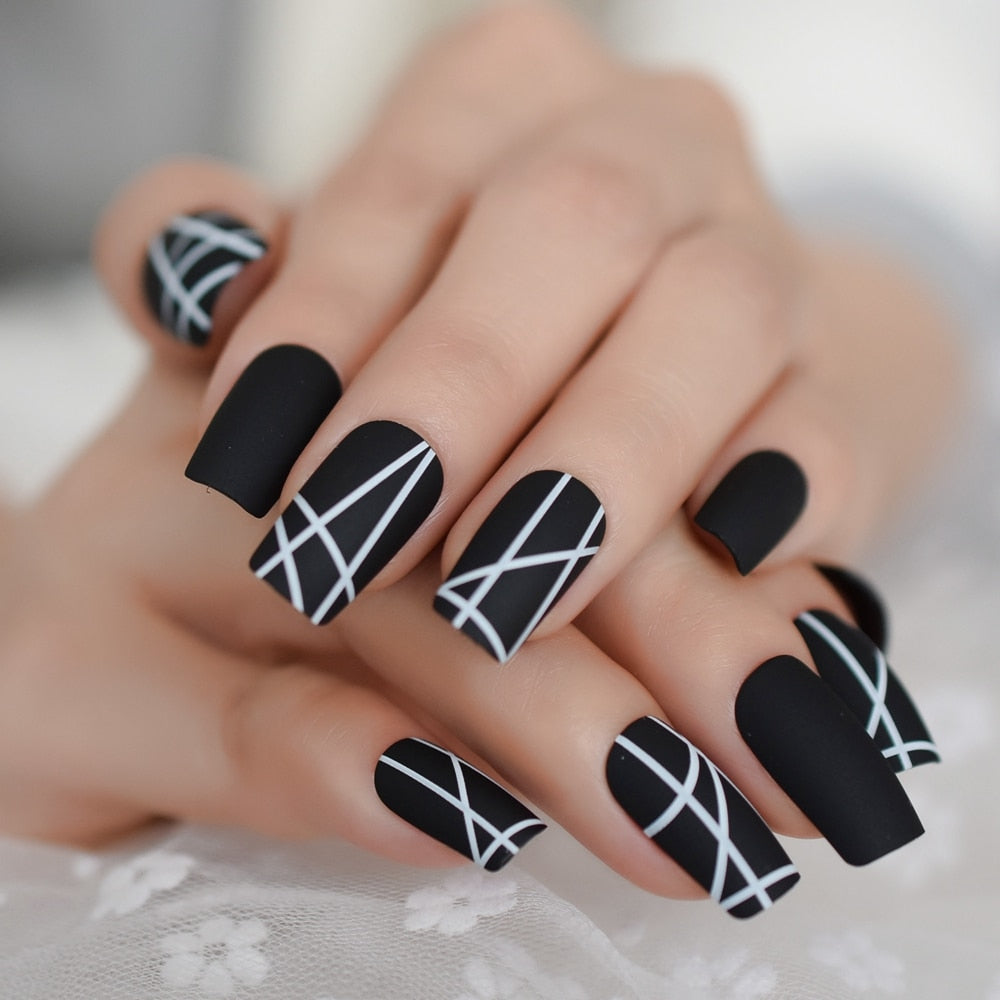 QFDIAN Matt Black Fake Nails Visible Trails of Planets Faux Ongle Square Press On Finger Manicure with Adhesive Tabs 24