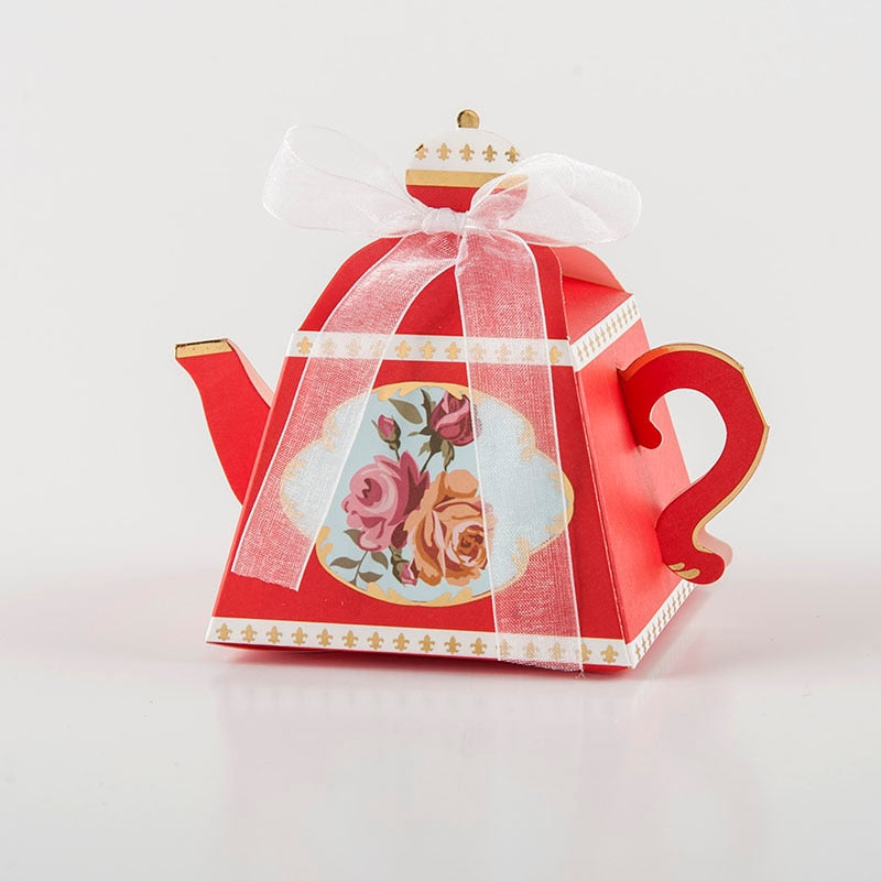 Qfdian Party decoration 10pcs Pink Blue Red Teapot shaped Wedding Candy Box Flower Wedding Gift Packaging Box Teapot Favor Gift Box for Wedding Guest