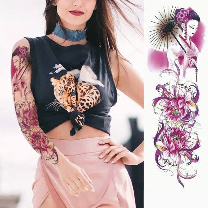 Qfdian gifts for women hot sale new Full Flower Arm Temporary Tattoo Sticker Rose Clock Body Art Water Transfer Fake Tatoo Sleeve For Men Women