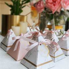 Qfdian Party gifts Party decoration hot sale New Europe Triangular Pyramid Style Candy Box Wedding Favors Party Supplies Paper Gift Boxes with THANKS Card &amp; Ribbon