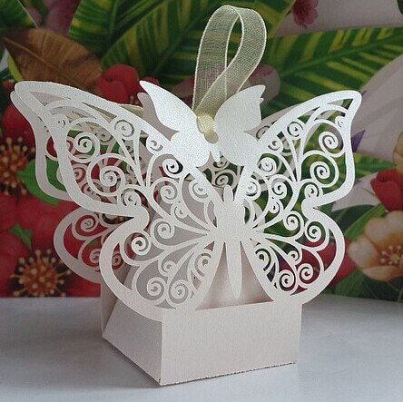 Qfdian Party decoration 50pcs Laser Cut White Butterfly Wedding Box Candy Box in Pearl Paper Box,baby Party Shower Box with Ribbon Pink