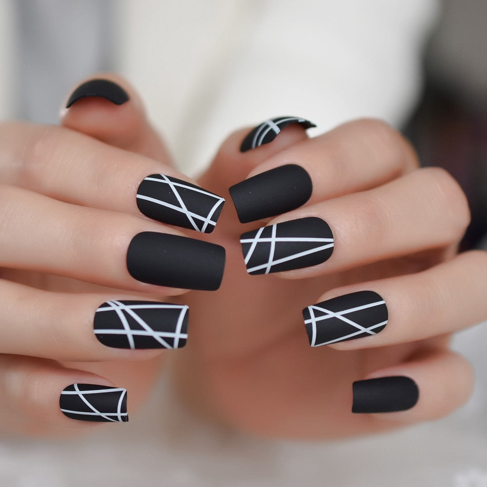 QFDIAN Matt Black Fake Nails Visible Trails of Planets Faux Ongle Square Press On Finger Manicure with Adhesive Tabs 24