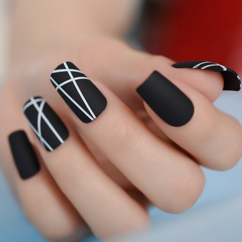 QFDIAN Matt Black Fake Nails Visible Trails of Planets Faux Ongle Square Press On Finger Manicure with Adhesive Tabs 24