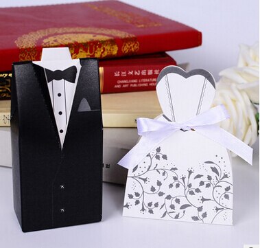 Qfdian Party decoration 100Pcs Bridal Gift Cases Groom Tuxedo Dress Gown Ribbon Wedding Favors Candy Box Sugar Case Wedding Decoration mariage casamento