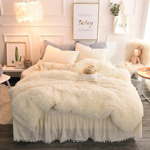 Luxury Plush Shaggy Duvet Cover Set Quilted Pompoms Fringe Ruffles Bedskirt Pillow Shams Bedding Set Twin Full Queen King 4/6PCS