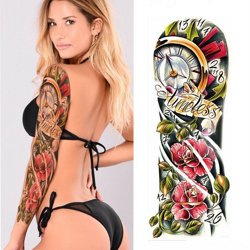 Qfdian gifts for women hot sale new Full Flower Arm Temporary Tattoo Sticker Rose Clock Body Art Water Transfer Fake Tatoo Sleeve For Men Women