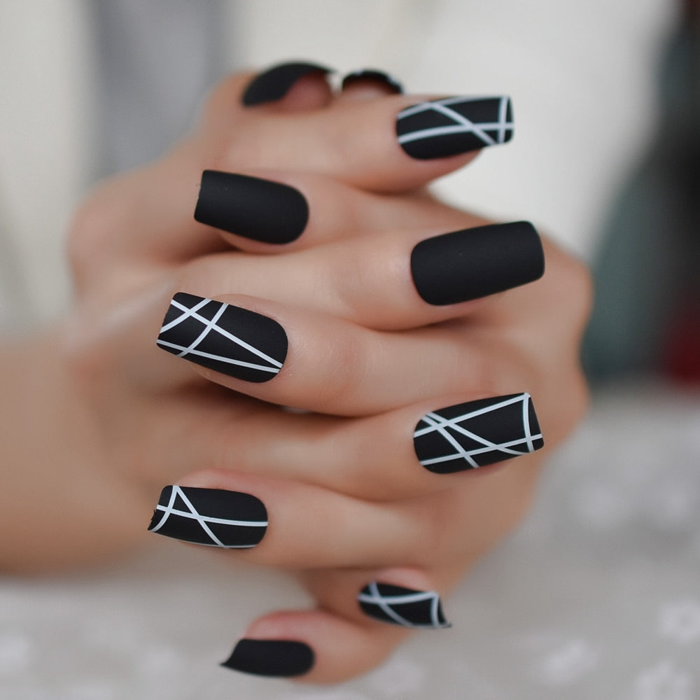 QFDIAN Matt Black Fake Nails Visible Trails of Planets Faux Ongle Square Press On Finger Manicure with Adhesive Tabs 24