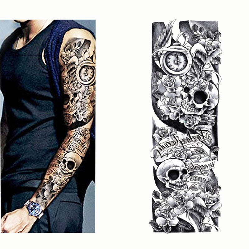 Qfdian gifts for women hot sale new Full Flower Arm Temporary Tattoo Sticker Rose Clock Body Art Water Transfer Fake Tatoo Sleeve For Men Women