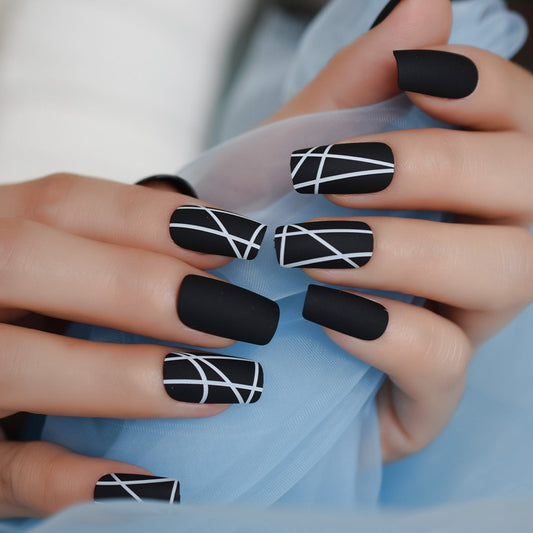 QFDIAN Matt Black Fake Nails Visible Trails of Planets Faux Ongle Square Press On Finger Manicure with Adhesive Tabs 24