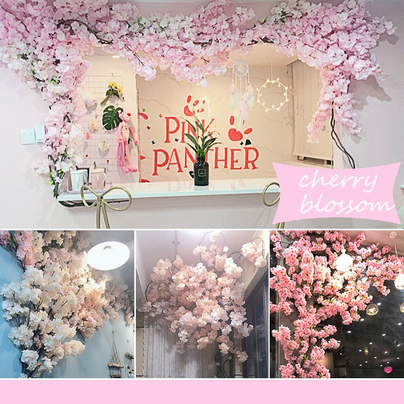 Qfdian valentines day gifts for her 100cm Large Wedding Home Artificial Silk Fake decorative Flowers Cherry Plum Peach Blossom Plastic Long Stem Flower Branch Decor