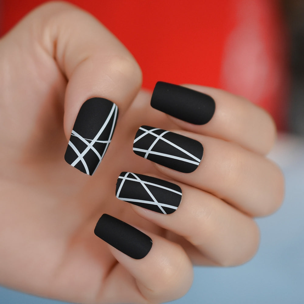 QFDIAN Matt Black Fake Nails Visible Trails of Planets Faux Ongle Square Press On Finger Manicure with Adhesive Tabs 24