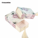 Qfdian Party gifts Party decoration hot sale new 50pcs/lot Floral Candy Box Drawer Design Party Favor Boxes Craft Paper Box with Tassel for Pulling