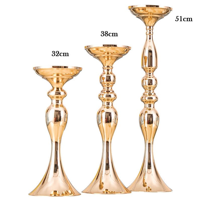 Qfdian 51cm Gold Silver Candle Holders Flower Vase Table Centerpiece Event Floral Ball Stand Road Lead Wedding Decor Metal Candlestick