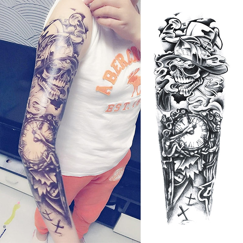 Qfdian gifts for women hot sale new Full Flower Arm Temporary Tattoo Sticker Rose Clock Body Art Water Transfer Fake Tatoo Sleeve For Men Women