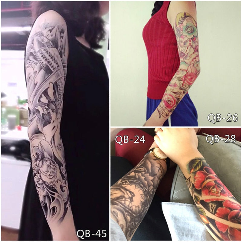 Qfdian gifts for women hot sale new Full Flower Arm Temporary Tattoo Sticker Rose Clock Body Art Water Transfer Fake Tatoo Sleeve For Men Women