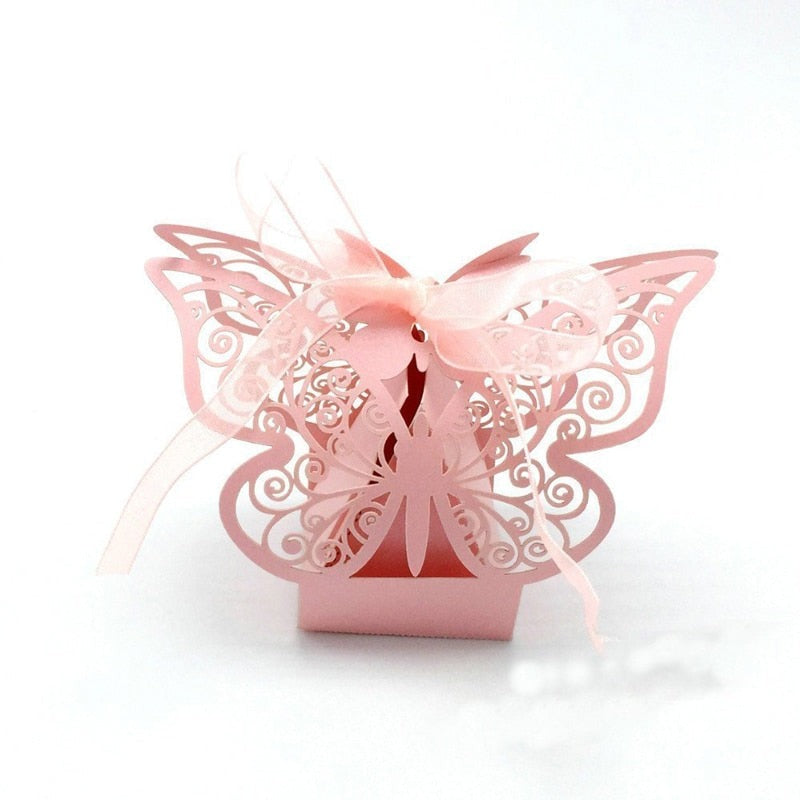 Qfdian Party decoration 50pcs Laser Cut White Butterfly Wedding Box Candy Box in Pearl Paper Box,baby Party Shower Box with Ribbon Pink