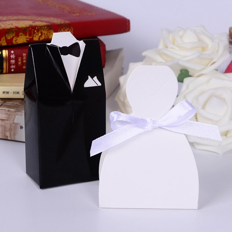 Qfdian Party decoration 100Pcs Bridal Gift Cases Groom Tuxedo Dress Gown Ribbon Wedding Favors Candy Box Sugar Case Wedding Decoration mariage casamento