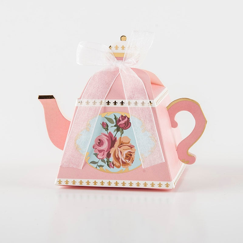 Qfdian Party decoration 10pcs Pink Blue Red Teapot shaped Wedding Candy Box Flower Wedding Gift Packaging Box Teapot Favor Gift Box for Wedding Guest