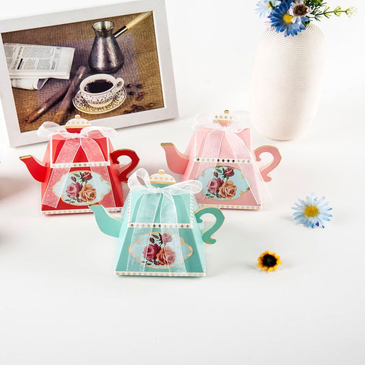 Qfdian Party decoration 10pcs Pink Blue Red Teapot shaped Wedding Candy Box Flower Wedding Gift Packaging Box Teapot Favor Gift Box for Wedding Guest