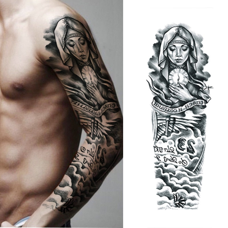 Qfdian gifts for women hot sale new Full Flower Arm Temporary Tattoo Sticker Rose Clock Body Art Water Transfer Fake Tatoo Sleeve For Men Women