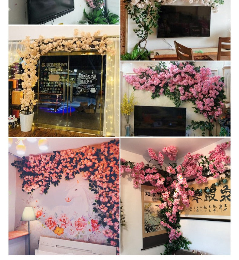 100cm Silk flowers Long-Peach Sakura Artificial flower Pink Wedding Decoration Cherry blossom branch for home Decor wedding Arch