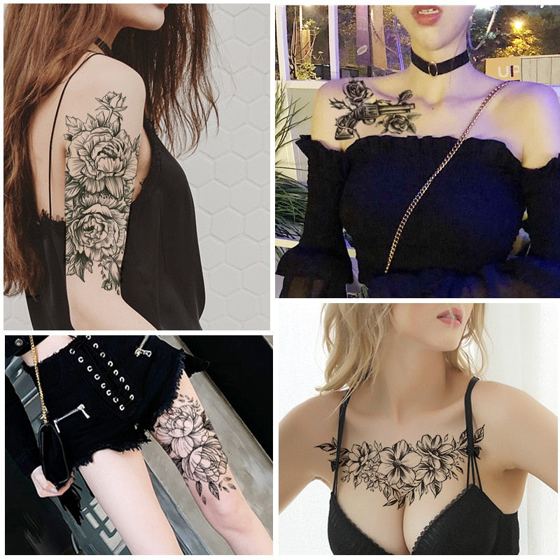 Qfdian gifts for women hot sale new Waterproof Temporary Tattoo Sticker Lotus Rose Pattern Water Transfer Under Breast Shoulder Flower Body Art Fake Tatoo