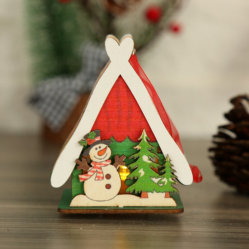 Qfdian Christmas Decorations, Wooden Luminous Colored Small House 14cm, Home Living Room Wall Hanging, Christmas Tree Dress Up Supplies