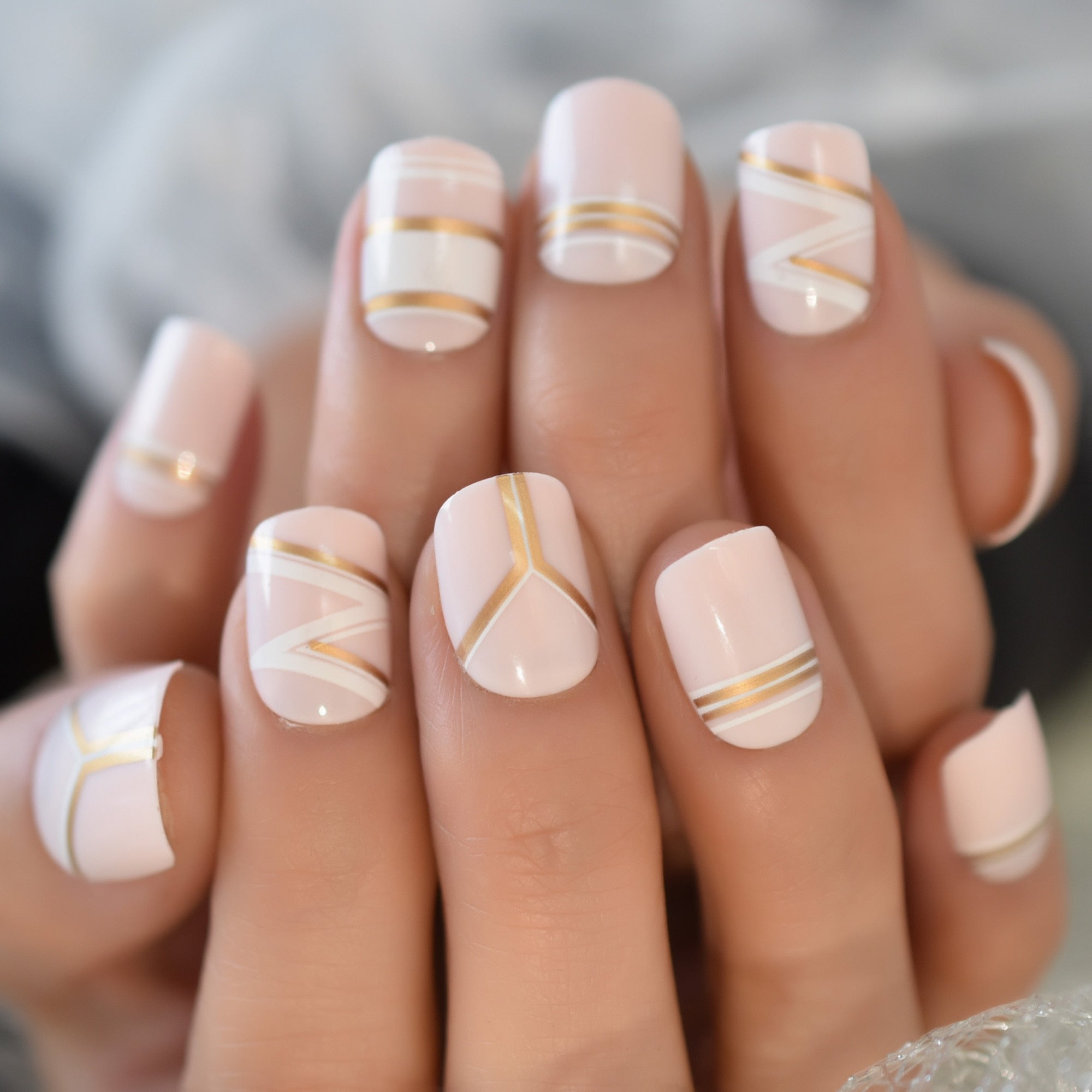 Qfdian Natural Nude Color Press On Nails Marble White Artificial False Nails Square Short Glossy Pattern Tips with Glue Sticker