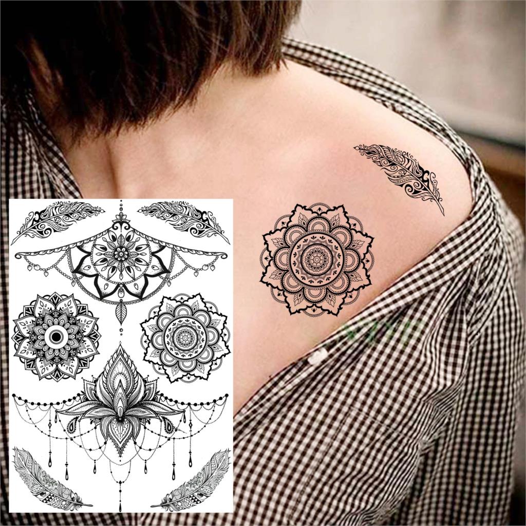 Black Henna Lace Temporary Tattoos Sticker For WOmen Butterfly Moth Mehndi Flower Fake Tatoo Sticker Feather Flora Tatoo