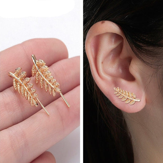 Qfdian easter gifts  New Ear Climbers Leaf Earrings For Women Elegant Statement Jewelry Brinco Stainless Steel Leaves Ear Earrings Gift