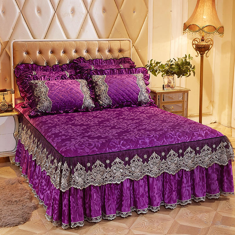 Qfdian Cozy apartment aesthetic hot sale new High-grade Bedding Bed Skirts Pillowcases Purple Velvet Thick Warm Lace Princess Bedspread Bed Sheets Mattress Cover King Queen