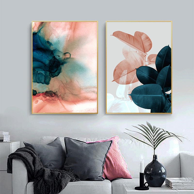 Qfdian Pink Green Flower Leaf Nordic Poster Wall Art Canvas Painting Abstract Posters and Prints Wall Pictures for Living Room Decor