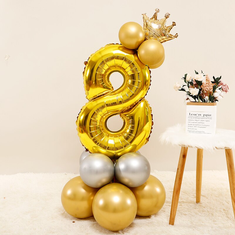 Qfdian Party decoration 17pcs Gold Number Crown Foil Balloon Silver Metallic Latex Balloons Kids Birthday Party Decorations Baby Shower Anniversaire