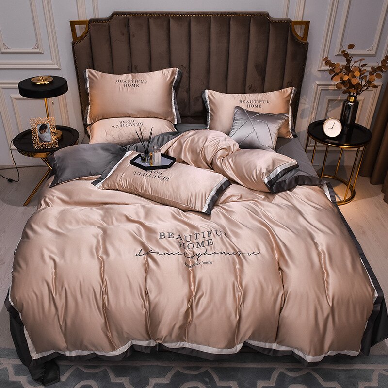 Qfdian Luxury Embroidered Bedding Set  Home Textile Solid Color Bedroom Comfortable Duvet Cover Bed Sheet  Bedding Covers Set Soft 4pcs
