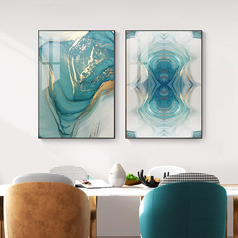 Qfdian Nordic Light Luxury Blue Canvas Painting Modern Home Abstract Gold Poster and Print Wall Art Picture for Living Room Decoration