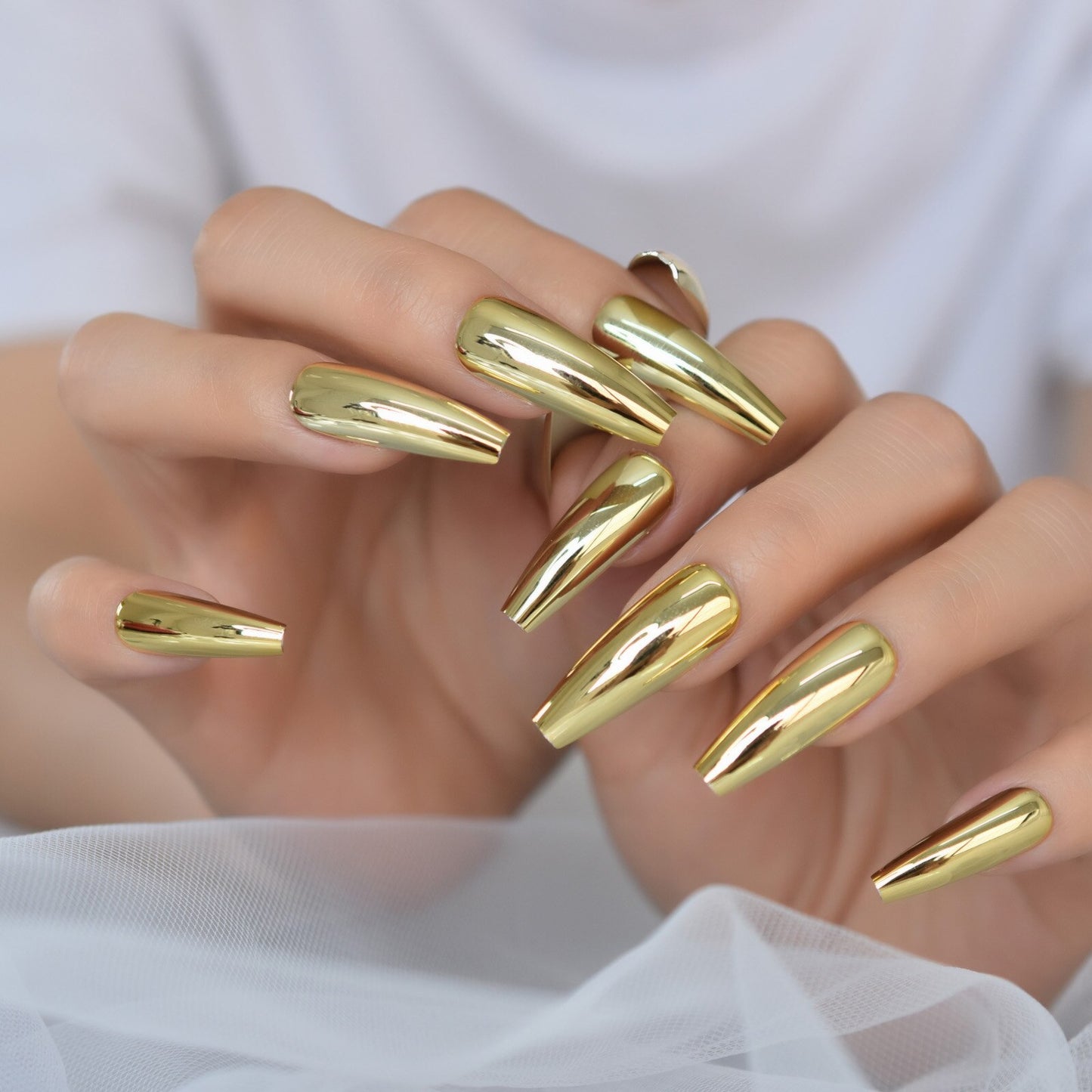 QFDIAN Metallic Coffin Nail Tips False Nails Long Ballerina Gold Mirror Fake Nails Press On Full Set For Fingernail Decorations