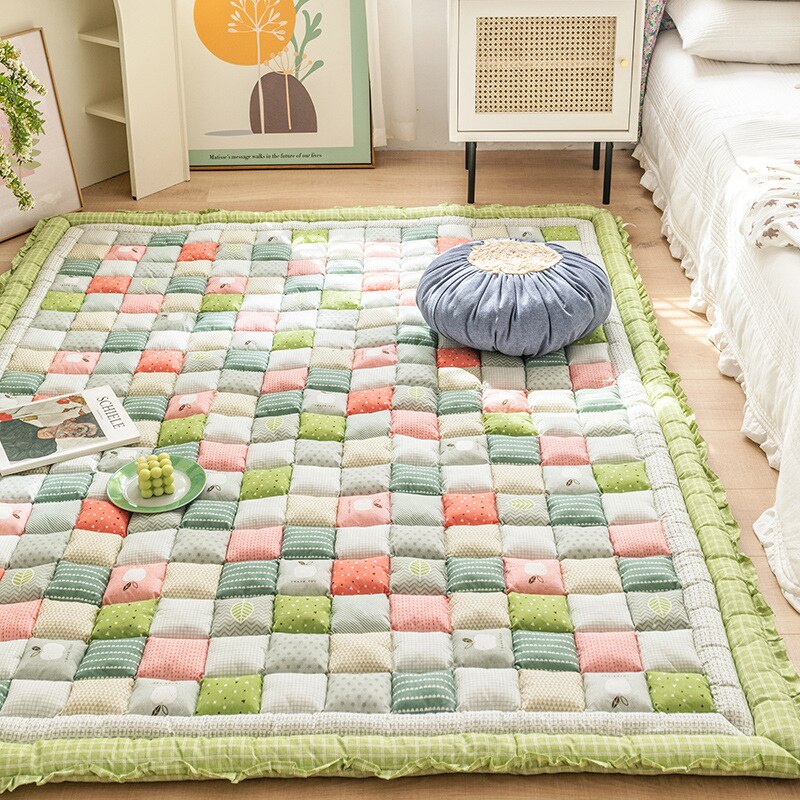 Qfdian Cotton Carpet for Living Room Hand Patchwork Quilted Thicken Bedroom Rugs Anti Slip Large Kids Room Rug Tatami Mat Machine Wash