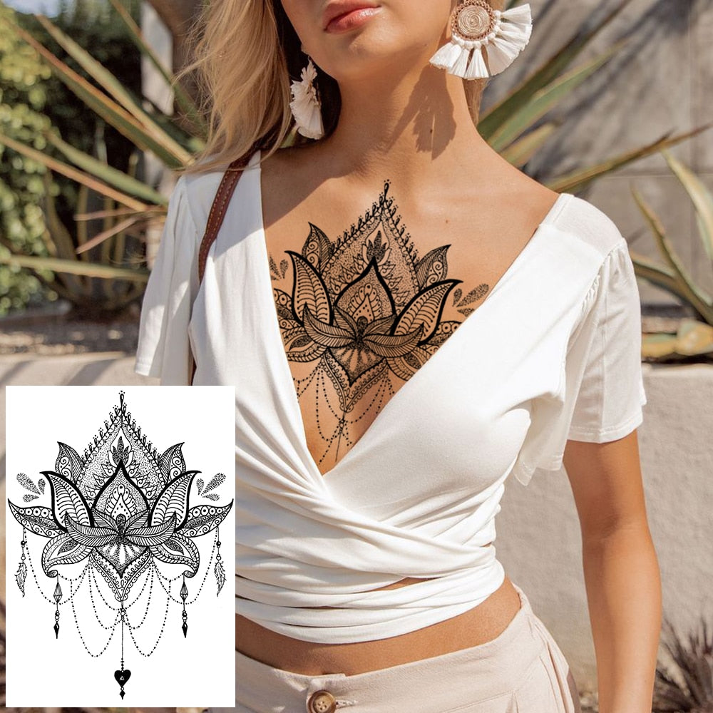 Black Henna Lace Temporary Tattoos Sticker For WOmen Butterfly Moth Mehndi Flower Fake Tatoo Sticker Feather Flora Tatoo