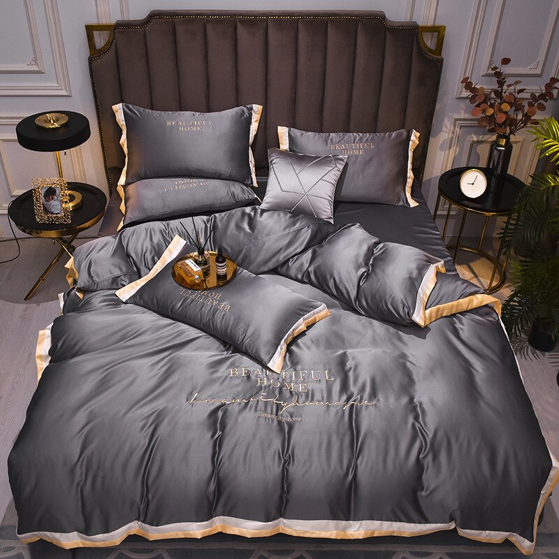 Qfdian Luxury Embroidered Bedding Set  Home Textile Solid Color Bedroom Comfortable Duvet Cover Bed Sheet  Bedding Covers Set Soft 4pcs