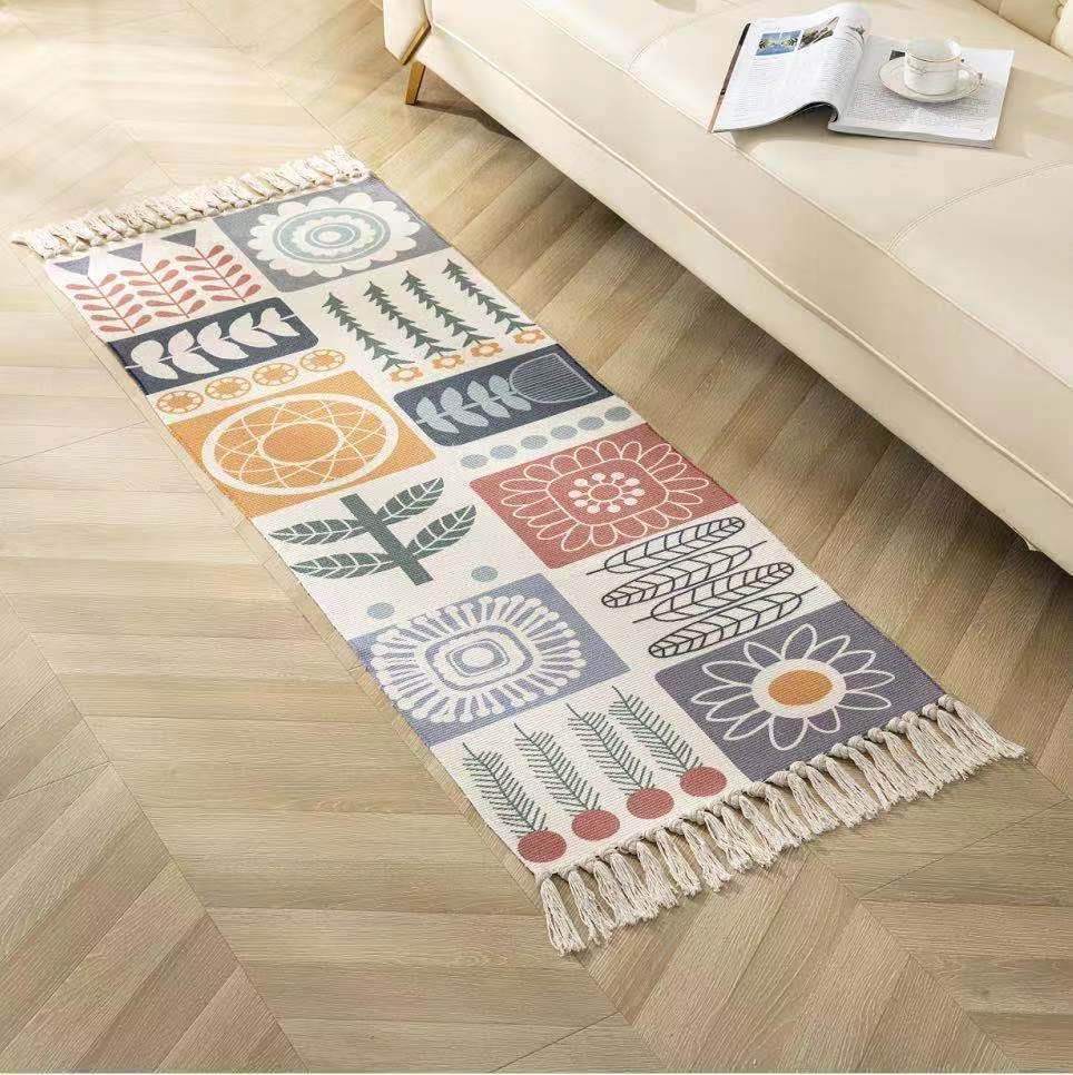 Qfdian easter decorations clearance Luxury Bohemia Ethnic Style Cotton Linen Soft Carpet Handmade Tassel Rug Living Room Bedside Floor Mat Pad Home Boho Decoration