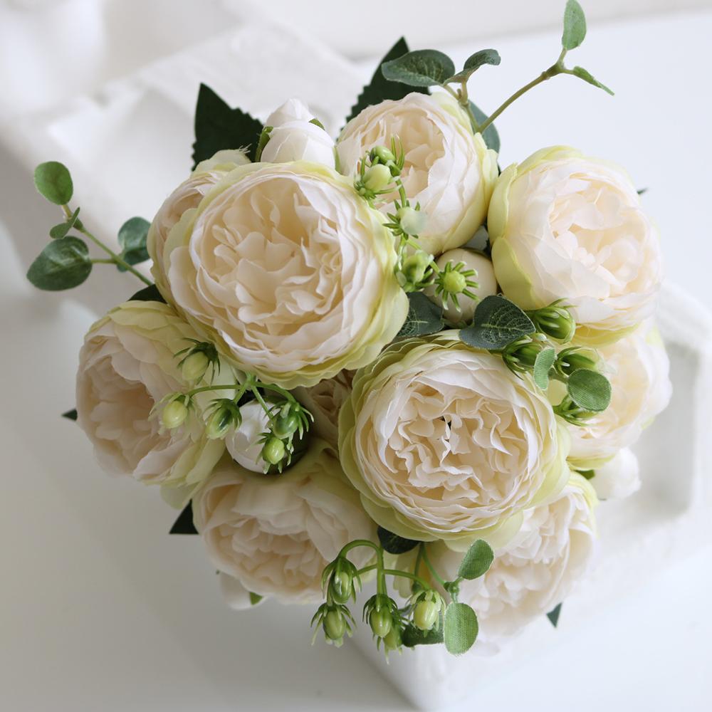 Qfdian  Christmas Silk Peony Artificial Flowers Rose Wedding Home DIY Decor High Quality Big Bouquet Foam Accessories Craft White Fake Flower