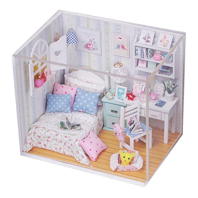 Qfdian Mini Dollhouse kit with Dust Cover Diy Wooden Doll House Miniatures Kit Dollhouse Furniture Accessories Toys for Childre