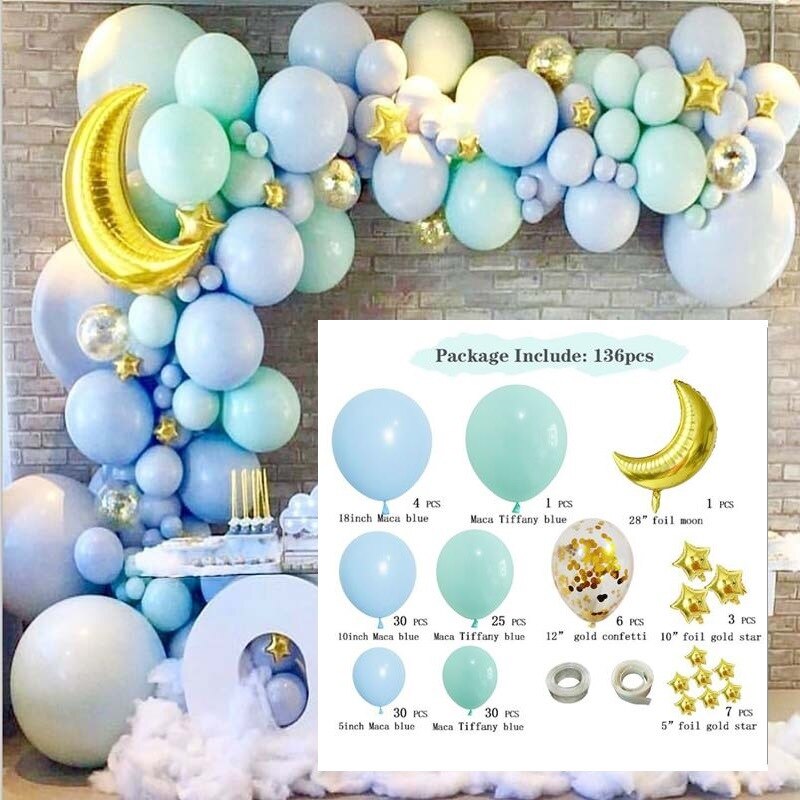 Qfdian birthday decorations 137 pcs Ocean blue theme balloon set Tiffany blue balloon  package Wedding Birthday Baloon party decoration  moon Metallic
