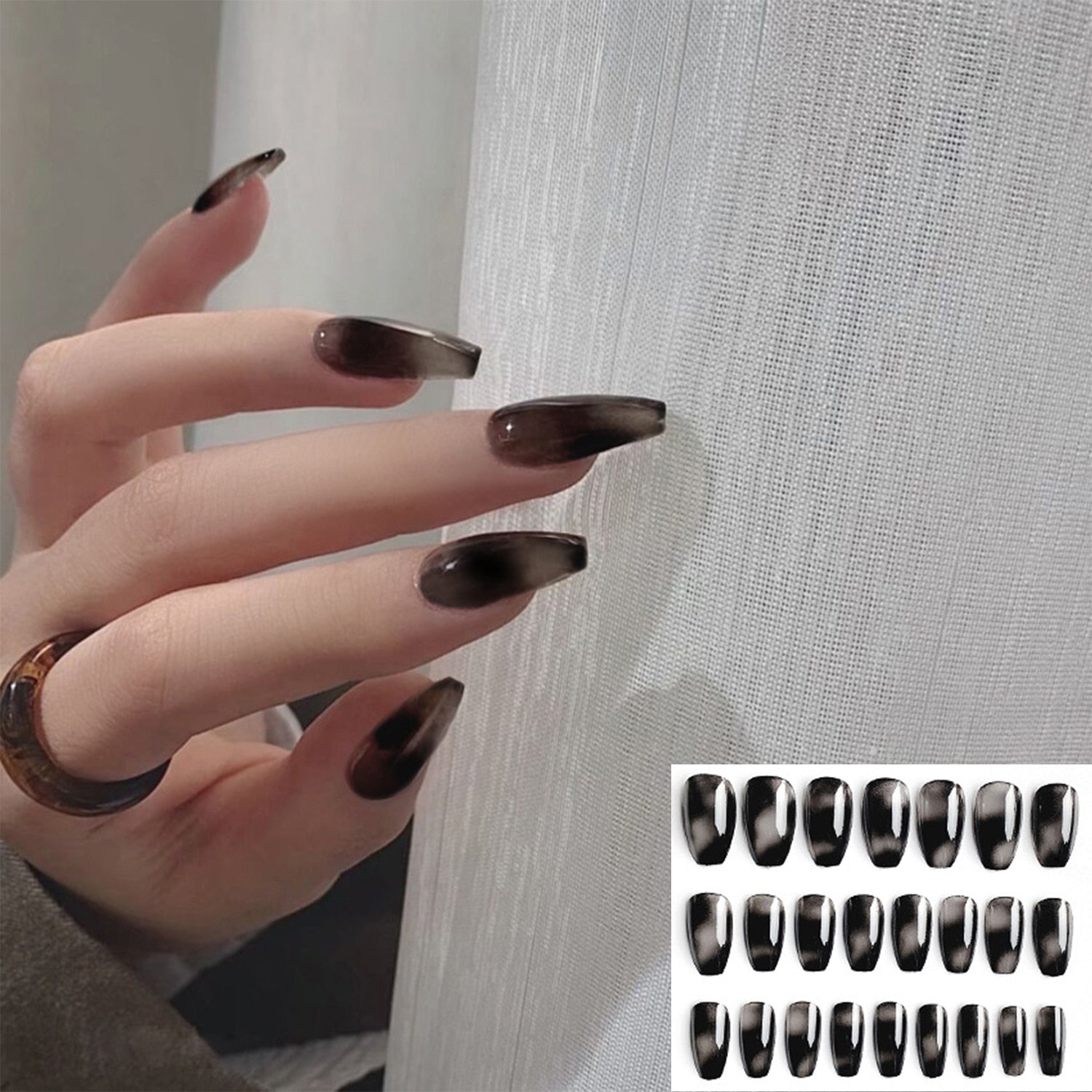 Qfdian gifts for women hot sale new 24PCS Fake Nails With Glue Rhinestones Long Coffin Flame Press on Nails Detachable French Stick on Nails Art DIY faux ongles