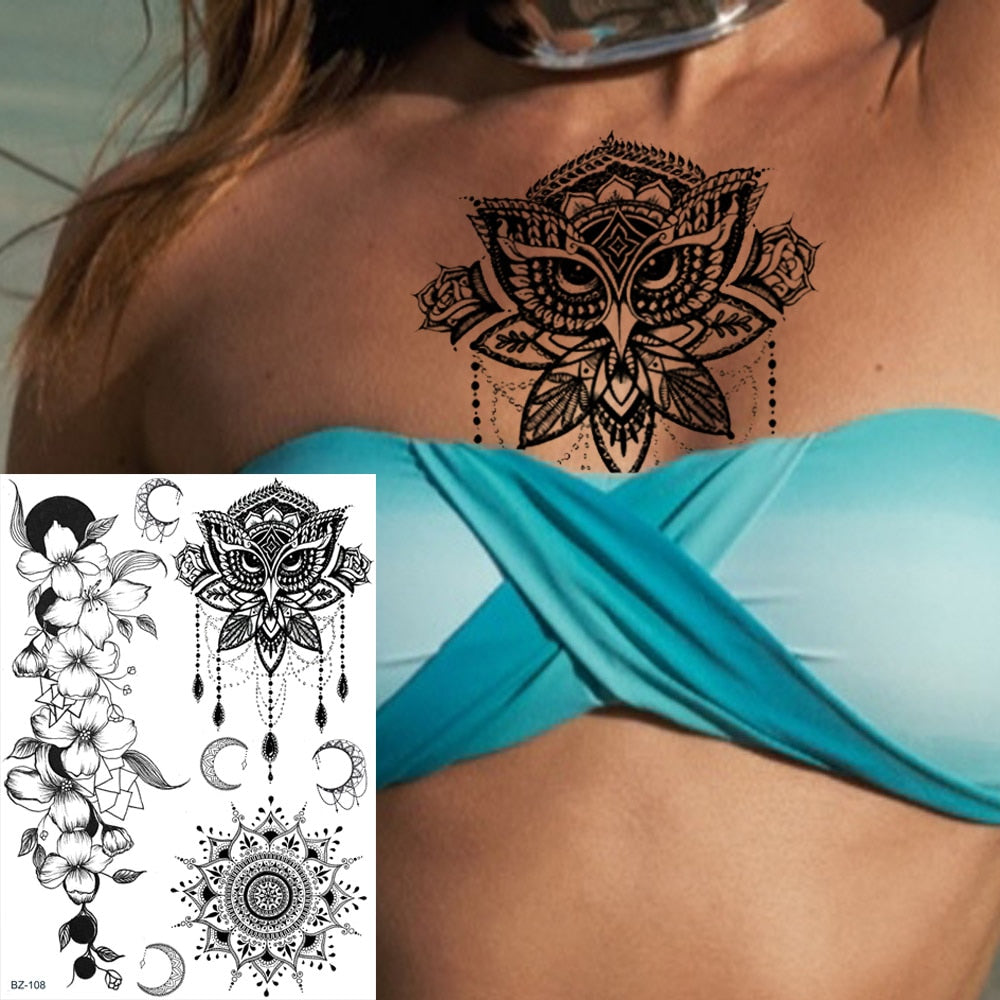 Black Henna Lace Temporary Tattoos Sticker For WOmen Butterfly Moth Mehndi Flower Fake Tatoo Sticker Feather Flora Tatoo