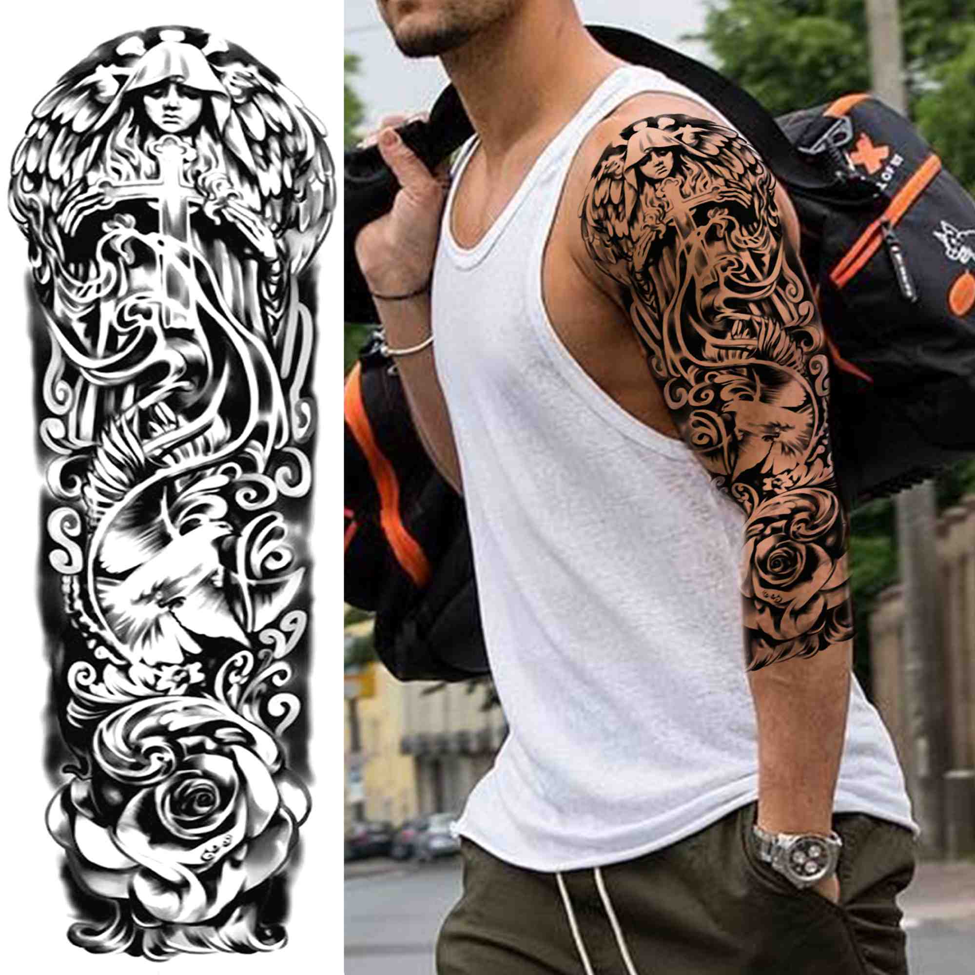 Qfdian gifts for men  Full Arm Evil Eye Temporary Tattoo Sticker For Men Women Realistic Skull Rose Flower Tatoos Body Art 3D Waterproof Fake Tattoos