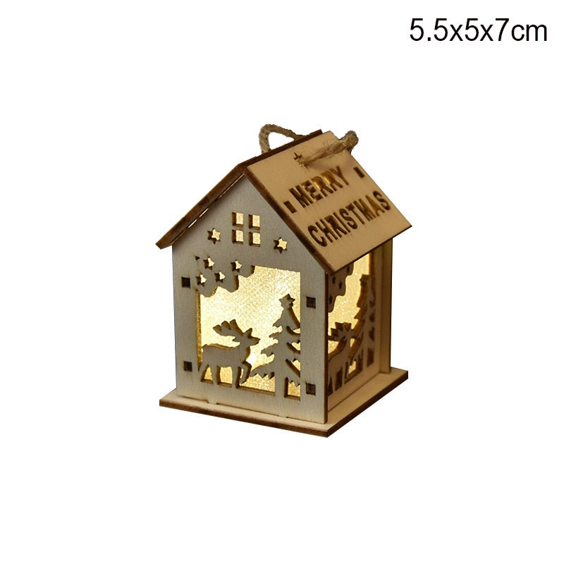 Qfdian halloween decorations halloween costumes halloween gift LED Light Wooden House DIY Merry Christmas Decorations Luminous Cabin Christmas Tree Hanging Xmas Ornaments Kids Gift New Year