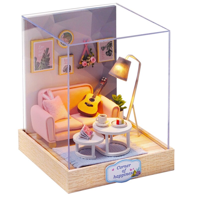 Qfdian Mini Dollhouse kit with Dust Cover Diy Wooden Doll House Miniatures Kit Dollhouse Furniture Accessories Toys for Childre