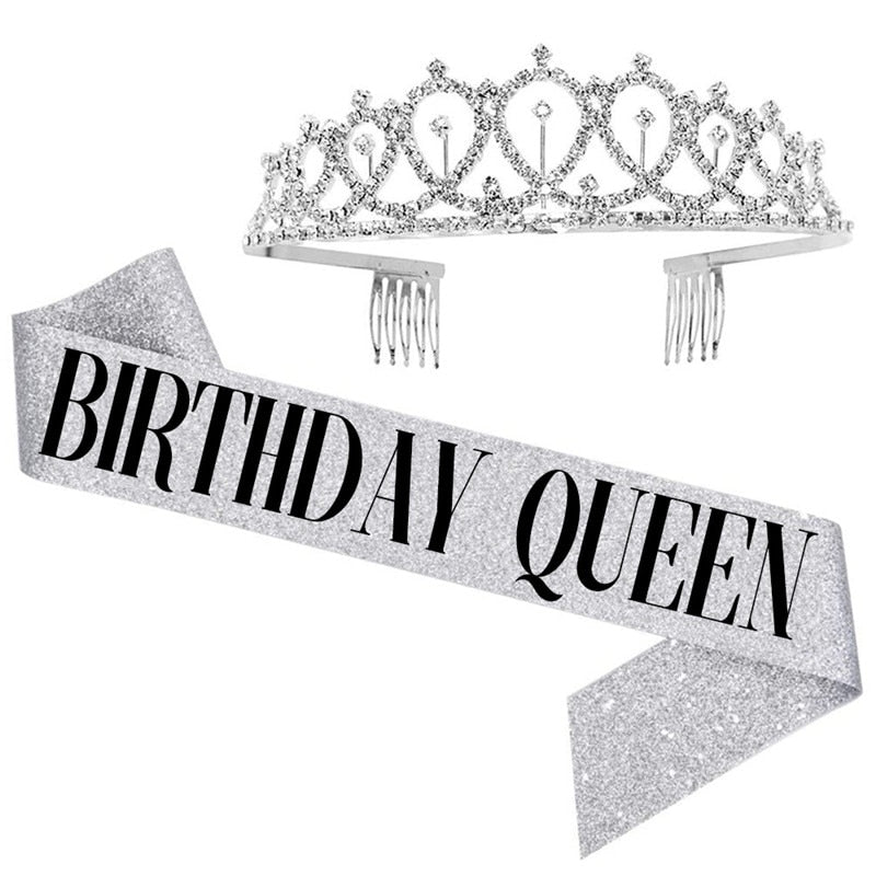 Qfdian Party decoration valentines day 18 30 40 50 60 Happy Birthday Girl Queen Sash Crystal Crown Headband Birthday Party Decoration Adult Anniversary Party Ornaments