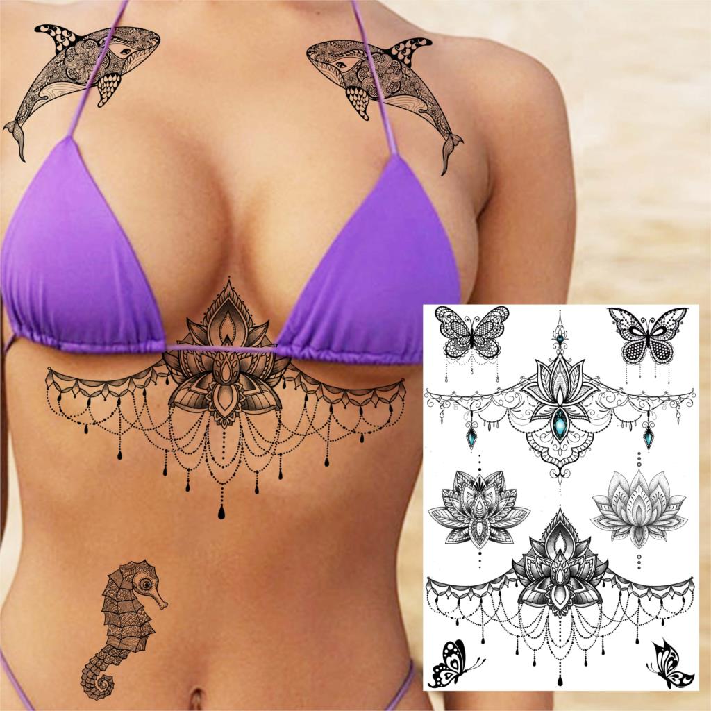 Black Henna Lace Temporary Tattoos Sticker For WOmen Butterfly Moth Mehndi Flower Fake Tatoo Sticker Feather Flora Tatoo